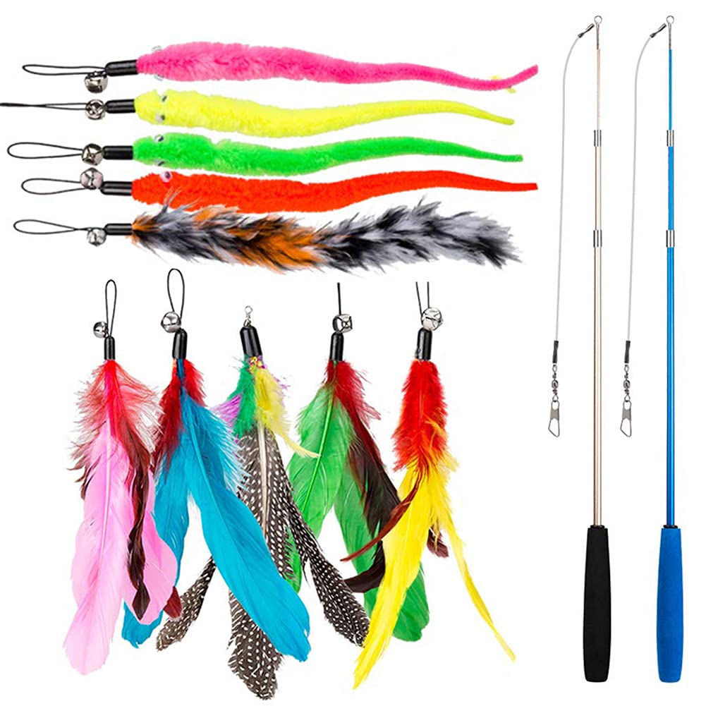 Interactive cat toy with feathers, teaser with 2 scalable rods, 10 cat fishing rod replacement feathers with pendant, feather bell attachments, cat toy set for kittens and cats - PawsPlanet Australia