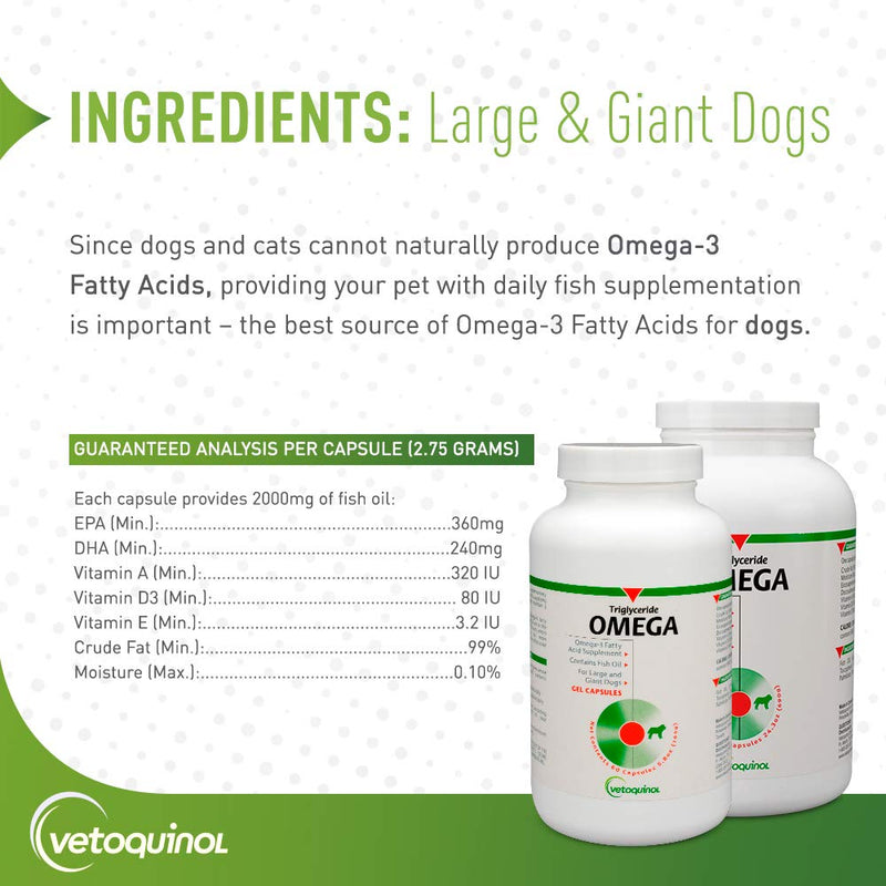 Vetoquinol Triglyceride Omega Dog Supplement Capsules, Large and Giant-Breed: 80+ lbs 60 Capsules - PawsPlanet Australia