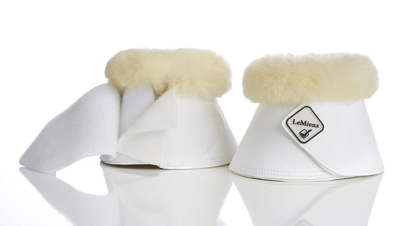 LeMieux WrapRound Lambswool Over Reach Boots for Horses in Black/Natural - PU Faux Leather - Adjustable M White/Natural - PawsPlanet Australia