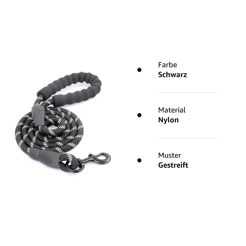 Cutefly dog leash for small medium and large dogs 1.5m up to 150kg with comfortable padded handle & robust reflective nylon for safety for people and dogs, black - PawsPlanet Australia
