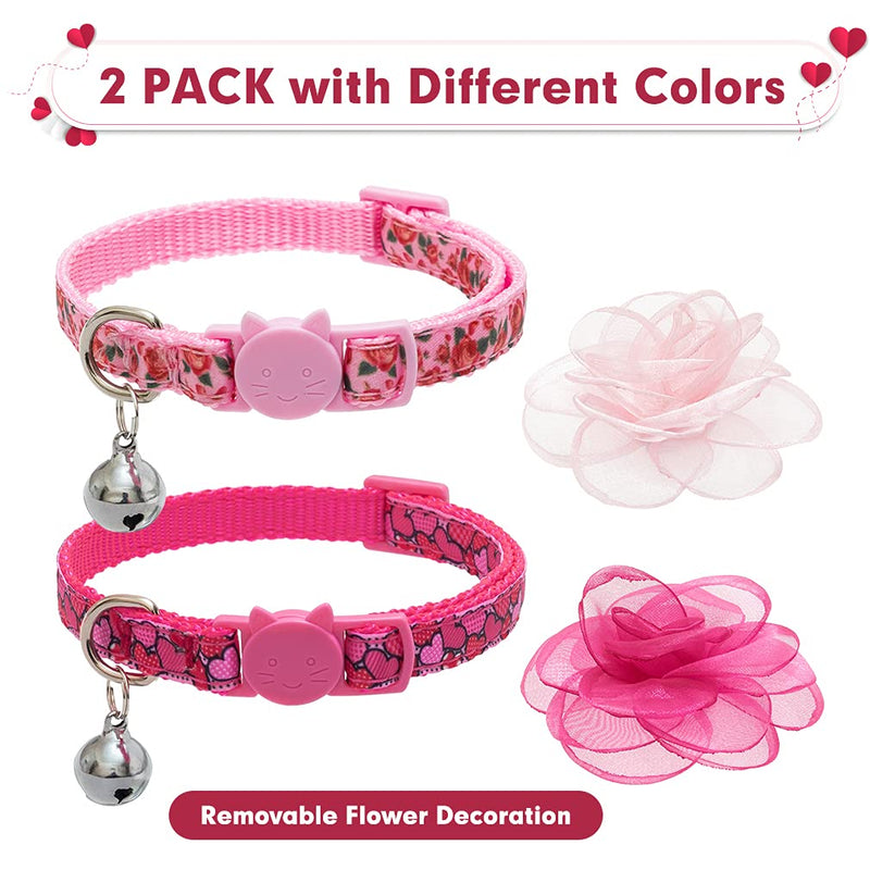 Spring Cat Breakaway Collar with Removable Flower and Bell - 2 Pack Safety Kitten Collars, Cute Pink Heart Rose Design Pink & Rose - PawsPlanet Australia