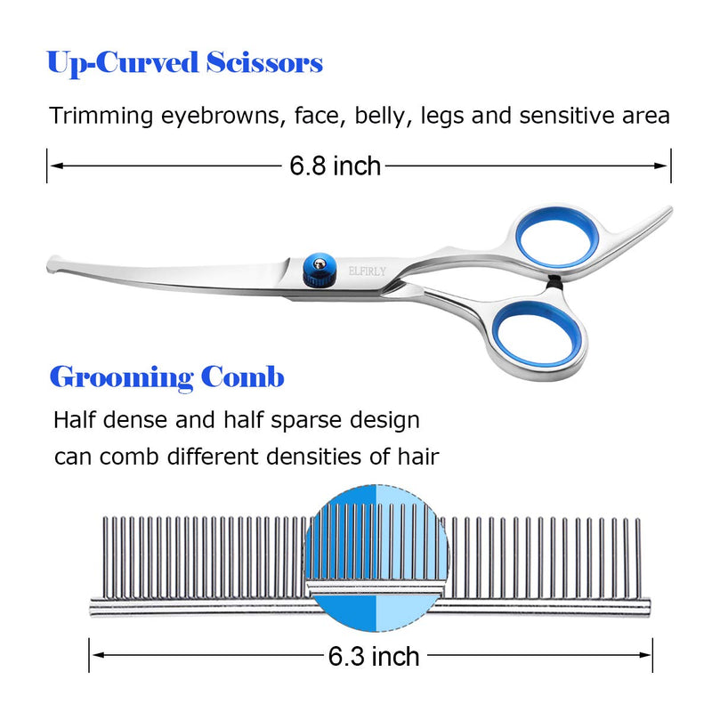 Elfirly Dog Grooming Scissors with Safety Round Tip (Straight Curved Scissors Thinning Shears and Comb for Dogs Grooming) Stainless Steel Pet Hair Trimming Scissors Kit for Dogs and Cats - PawsPlanet Australia