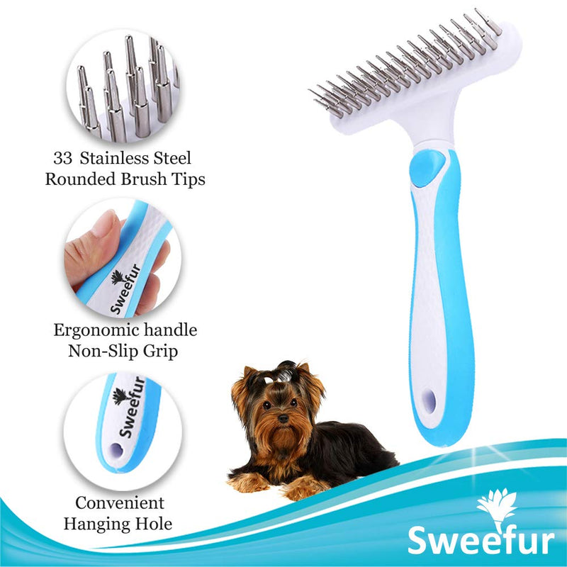 Sweefur Pet Hair Rake Brush for Deshedding and Dematting- Pet Brush Comb for Small, Medium and Large Dogs & Cats with Stainless Steel Pins- Undercoat Rake for Pets- Removes Lints and Tangles Blue - PawsPlanet Australia