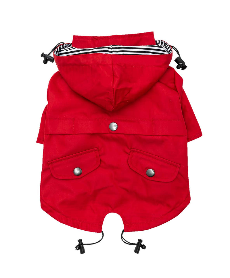 Ellie Dog Wear Red Zip Up Dog Raincoat with Reflective Buttons, Pockets, Water Resistant, Adjustable Drawstring, Removable Hoodie - Size XS to XXL Available - Stylish Premium Dog Raincoats XX-Small - PawsPlanet Australia