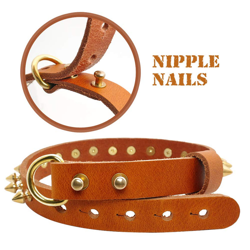 [Australia] - Beirui Spiked Genuine Leather Dog Collar with Copper Studded - Superior Rivet Brown Dog Collars with Bell - Adjustable Basic Dog Collar Fit Pitbull,French Bulldog,S,M,L S:Width 5/8",Neck 12-13.5" 