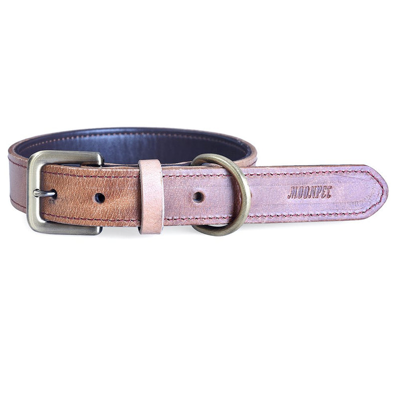 [Australia] - Moonpet Soft Padded Real Genuine Leather Dog Collar - Best Full Grain Heavy Duty Dog Collar - Durable Strong Adjustable for Small Medium Large X-Large Male Female Dogs Walking Running Training M,16-20'' Light Brown 