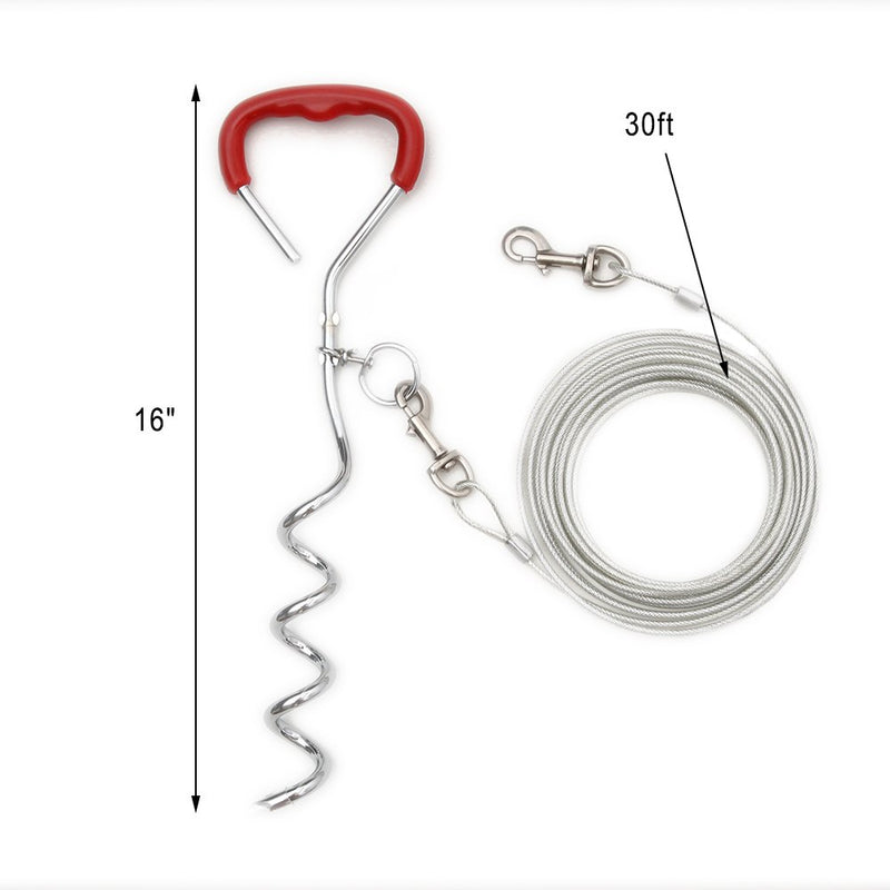 [Australia] - EXPAWLORER Dog Tie Out Cable and Reflective Stake 30 ft Outdoor, Yard and Camping, for Medium to Large Dogs Up to 60lbs(20ft) 90lbs(25ft) 125 lbs(30ft), 16" Stake, 30 ft Cable 