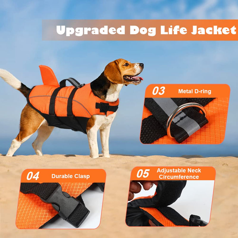 Vanansa Dog Life Jackets, Adjustable Buoyancy Aid Lifejacket for Dogs, Upgrade Lightweight Shark Design Swimming Floatation Vest for Pet(S,Orange) Small Shark Orange - PawsPlanet Australia