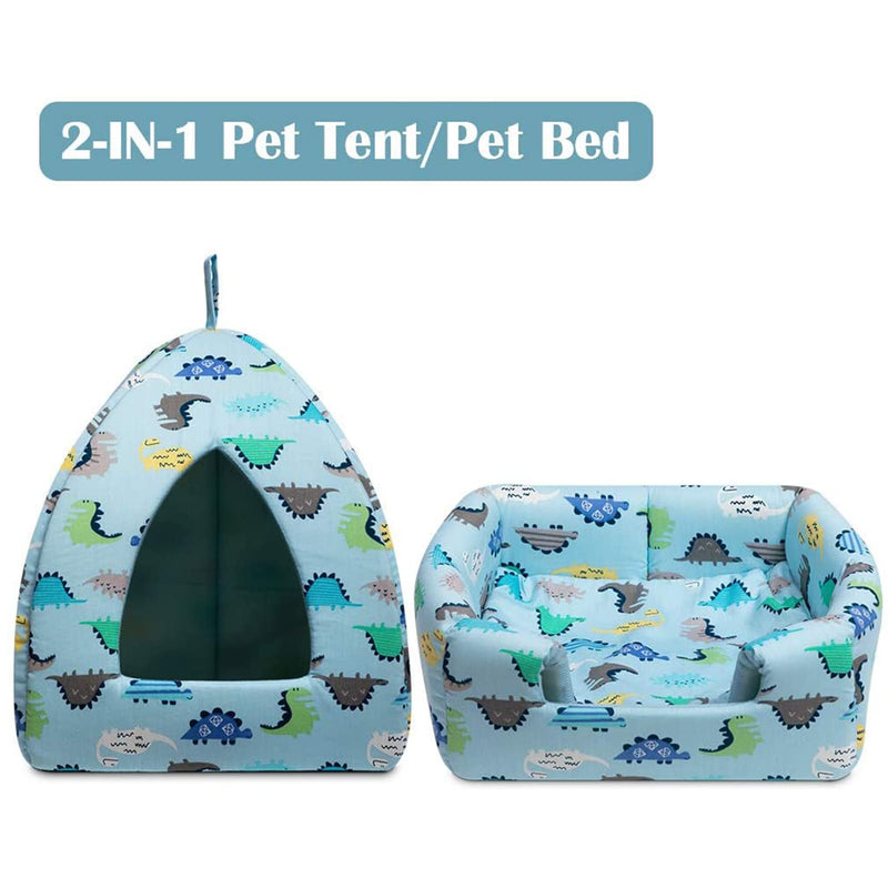 Hollypet Self-Warming 2 in 1 Foldable Comfortable Triangle Cat Bed Tent House Blue Dinosaur - PawsPlanet Australia