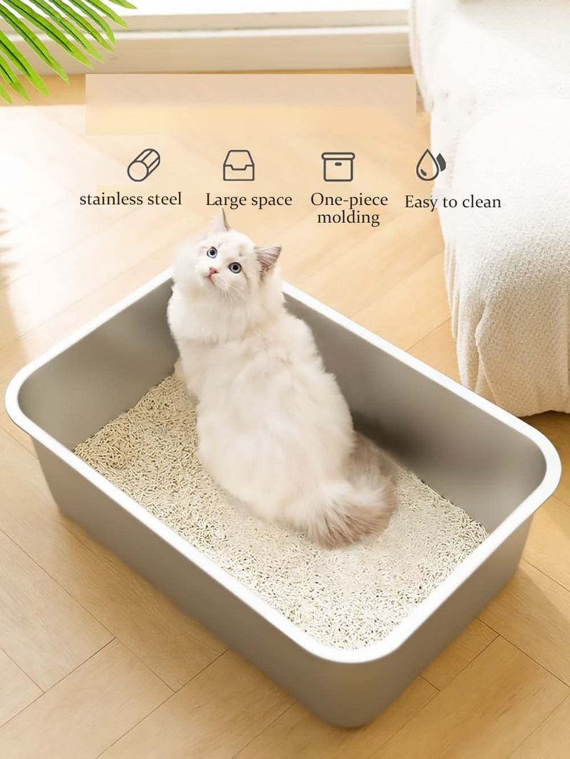 GRFELI Cat litter box made of stainless steel, large box for cats and rabbits, never absorbs odours, easy to clean (60 x 40 x 10 cm)... 60 x 40 x 10 cm - PawsPlanet Australia
