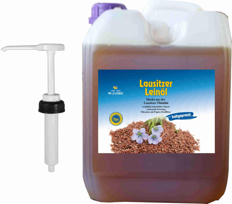 10 liters of linseed oil, linseed oil, fresh, native, cold-pressed linseed oil for healthy energy including dosing pump - PawsPlanet Australia