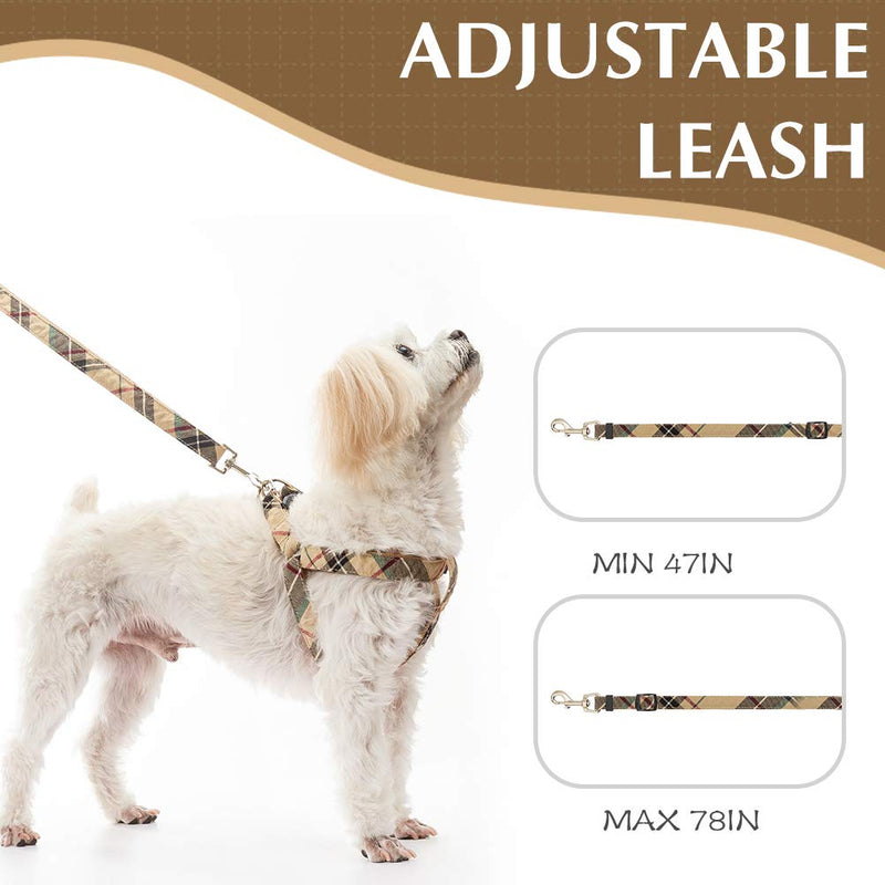 [Australia] - SCIROKKO No Pull Dog Harness and Leash Set - Adjustable Plaid Step in Puppy Basic Harness for Small Medium Dogs Cats S(chest 15.7-22.8in) Beige 