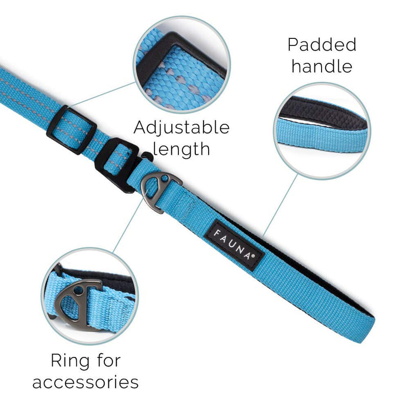 Fauna Strong Dog Lead, Reflective Durable Adjustable Dog & Puppy Leash with Comfortable Padded Handle, 3 in 1 – Long, Short or Hands Free Lead for Walking and Running – 5.6 ft / 1.7m (Blue) Blue - PawsPlanet Australia