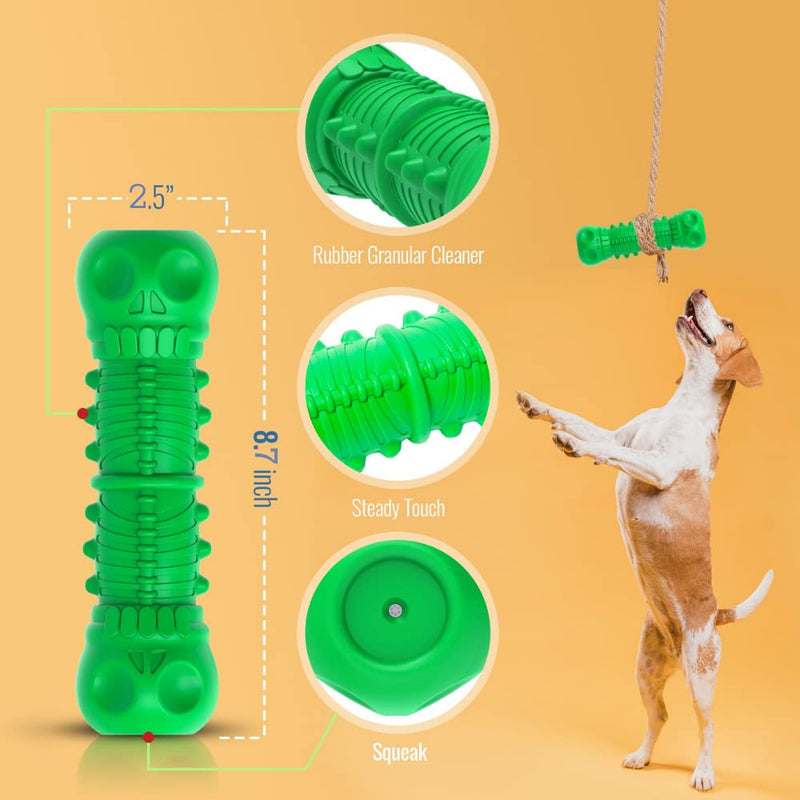 Dog Chew Toy - Toughest Durable Natural Rubber Skull Bones Dogs Toy for Aggressive chewers | Almost Indestructible Squeaky Teeth Cleaning Chew for Medium / Large Dogs - Green - PawsPlanet Australia