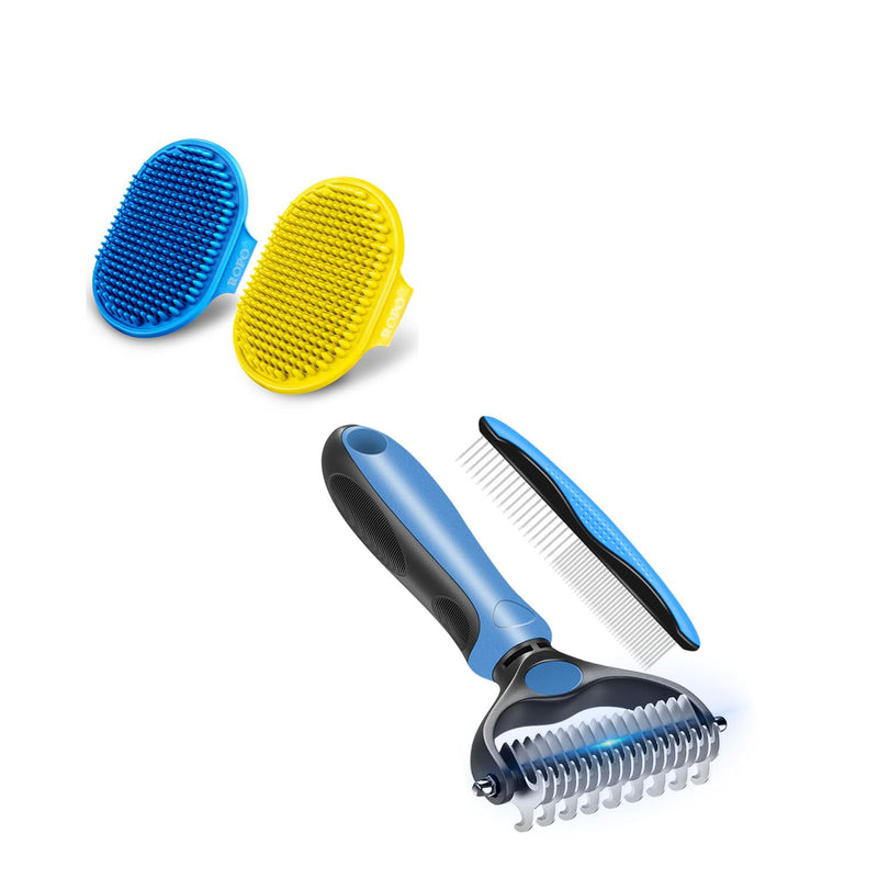 ROPO 2pcs Dog Bathing Brush & Dog Double Sided De-Shedding Rake & Rubber Handled Steel Toothed Comb Set - PawsPlanet Australia