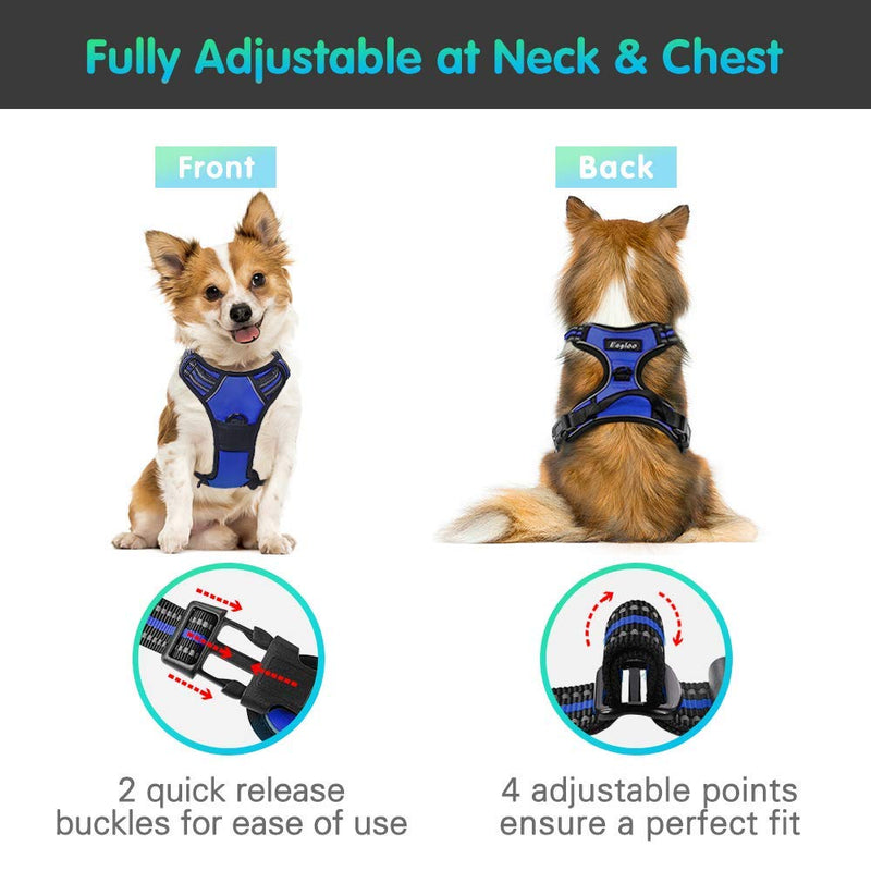 Eagloo Dog Harness No Pull, Walking Pet Harness with 2 Metal Rings and Handle Adjustable Reflective Breathable Oxford Soft Vest Easy Control Front Clip for Small Medium Large Dogs Blue - PawsPlanet Australia