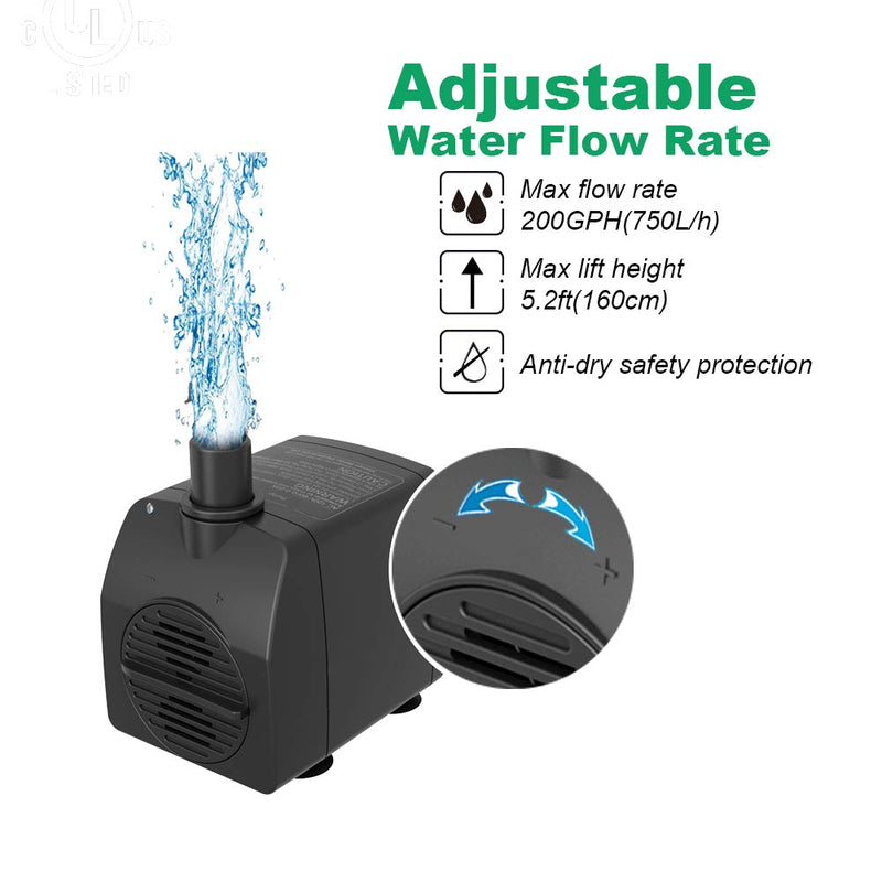 Knifel Submersible Pump 200GPH Ultra Quiet with Dry Burning Protection 5.2ft High Lift for Fountains, Hydroponics, Ponds, Aquariums & More………… - PawsPlanet Australia
