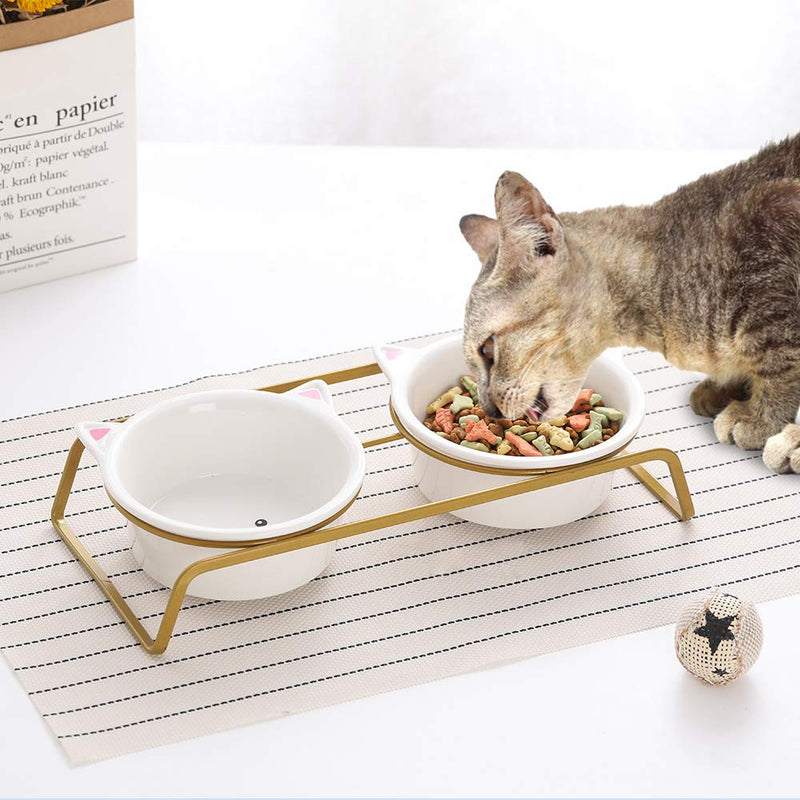 HCHLQLZ Ceramic Raised Pet Cat Bowls, Elevated Food or Water Bowls, Double Cat Dishes, Gift for Cat or small dog Two bowl - PawsPlanet Australia