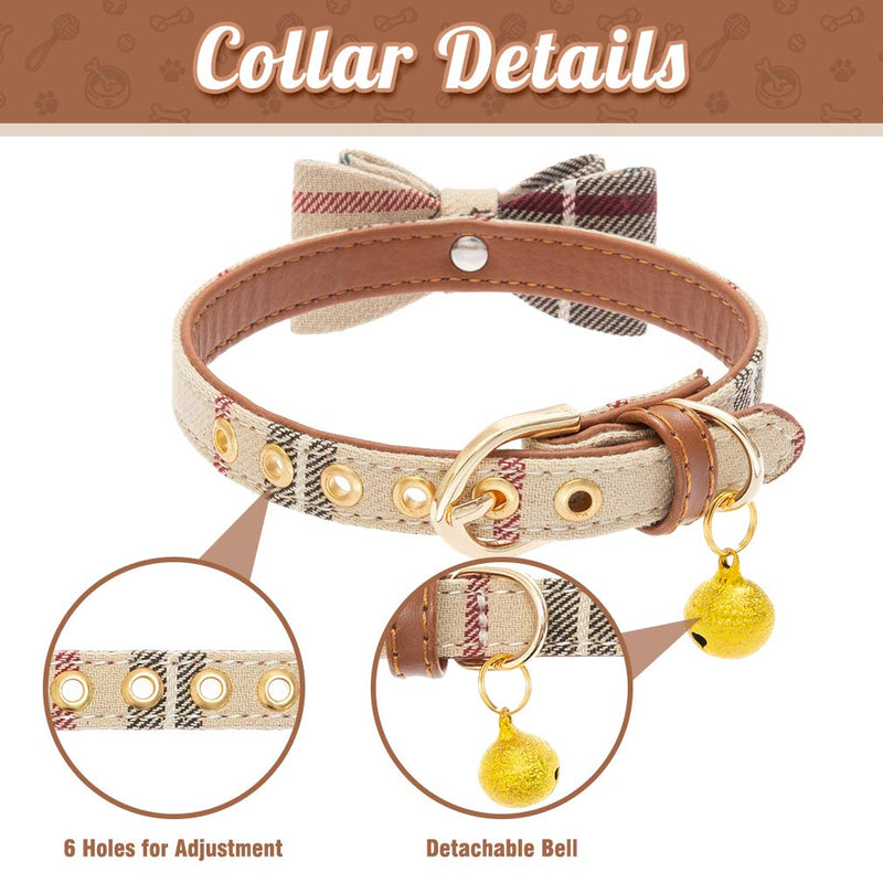 EXPAWLORER Bow Tie Dog Collar and Leash Set Classic Plaid Adjustable Dogs Bandana and Collars with Bell for Puppy Cats 3 Count Small Cream - PawsPlanet Australia