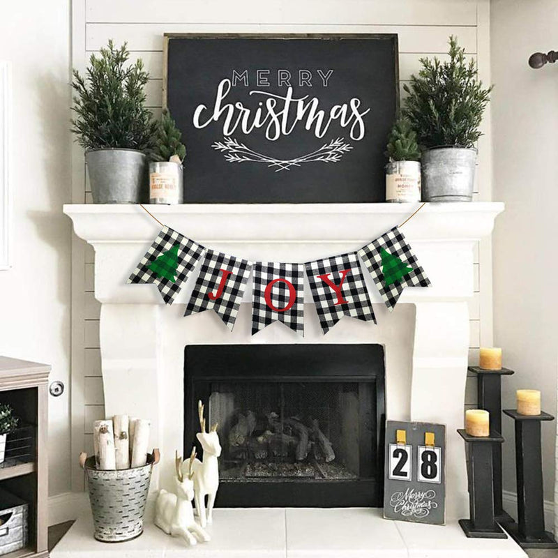 Christmas Joy Banner Decoration Buffalo Check Plaid Xmas Sign Holiday Photo Props Garland Home Mantel Hanging Supplies - PawsPlanet Australia