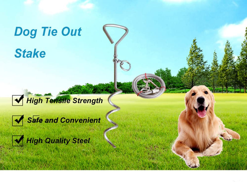 YUDOTE Heavy Duty Dog Stake - Chrome Dog Tie Out Cable & Stake for Outdoor, Yard, Camping 16*3.5*1.6 Inch - PawsPlanet Australia