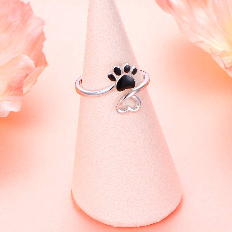 [Australia] - Sterling Silver Jewelry Engraved Always in my heart Puppy Dog Cat Pet Paw Print Love Heart Open Ring Black 5 