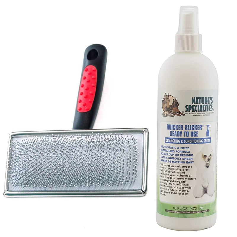 Paw Brothers Grooming Tool and Nature's Specialties Conditioning Spray Bundle - Soft Pin Flat Slicker Brush, Medium - Quicker Slicker Detangling and Conditioning Spray, Ready to Use, 16 oz - PawsPlanet Australia