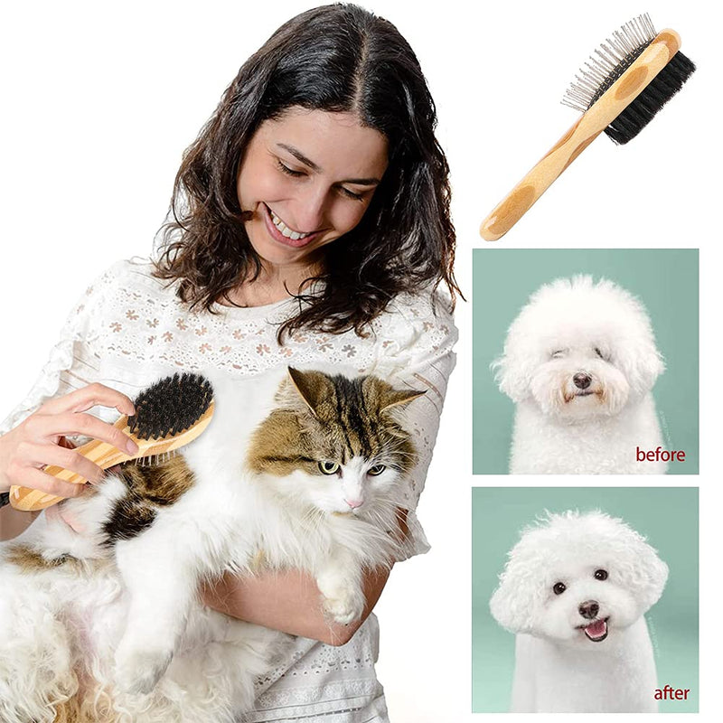 ALHX Cat Brush Dog Brush, 2-in-1 Dog Brush and Bristles, Double Sided Bamboo Pet Brush, Beauty Massage Bath Brush Comb for Dogs Cats - PawsPlanet Australia