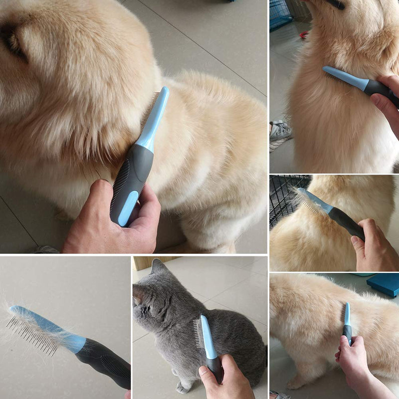 [Australia] - Dog Cat Comb for Grooming Dematting Mats Hair, Cat Brush for Shedding and Grooming Long Haired Cats, Professional Grooming Tool for Removing Tangles and Knots, Cat Dematting Tool Professional with Long & Short Stainless Steel Metal Teeth - Safety Round... 