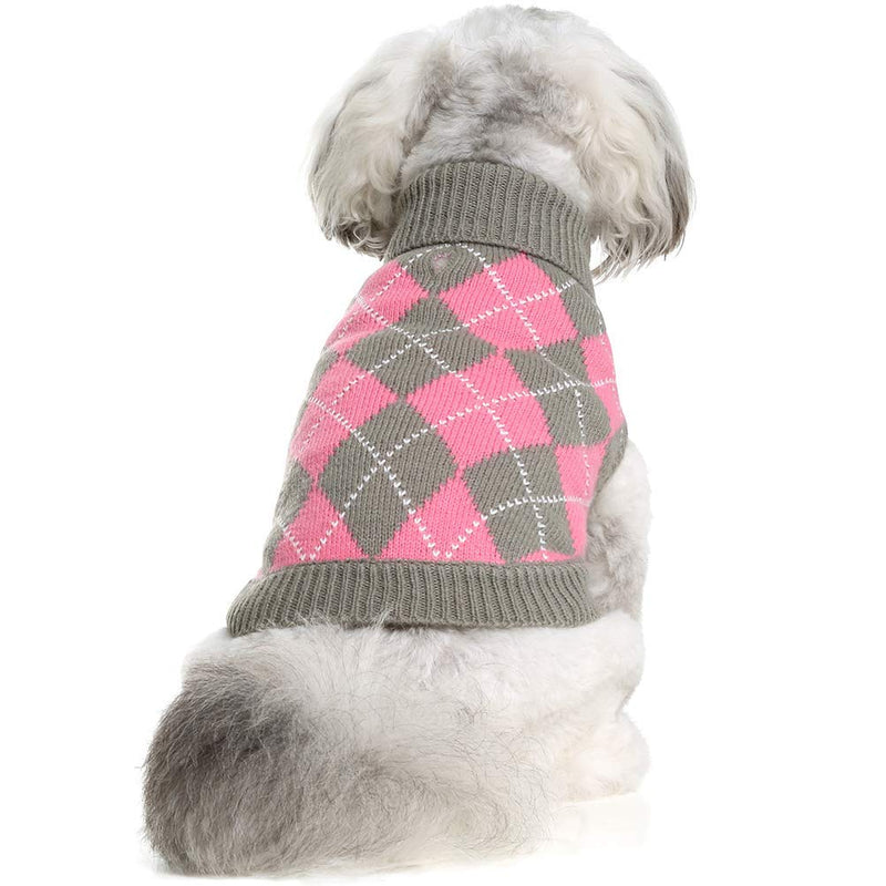 [Australia] - PAWCHIE Classic Dog Sweater Knit Turtleneck, Plaid Knitwear Sweaters, Warm Clothes for Small to Large Dogs XS Grey & Pink 