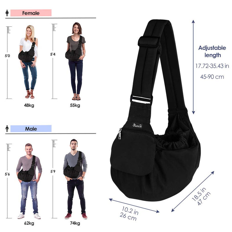 SlowTon Pet Sling Carrier, Comfortable Hard Bottom Support Small Dog Papoose Sling Adjustable Padded Shoulder Strap Hand Free Puppy Cat Carry Bag with Drawstring Opening Zipper Pocket Safety Belt For Pets Up to 9 lbs Black - PawsPlanet Australia