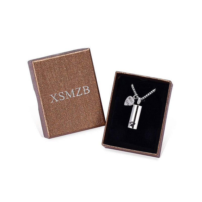 [Australia] - XSMZB Cremation Jewelry for Ashes Pendant Stainless Steel Pet Paw Print Cylinder Keepsake Ash for Dog Cat Memorial Urn Necklaces for Ashes Silver 