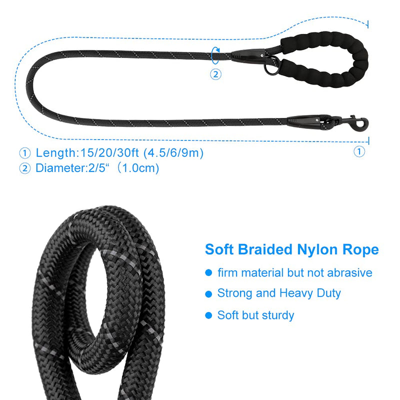 Plutus Pet Long Rope Dog Lead, With Comfortable Padded Handle, Reflective Nylon Heavy Duty Rope Lead, 4.5m 6m 9m Dog Training Lead for Small Medium Large Dogs (4.5m, Black) 1.0cmX4.5m - PawsPlanet Australia