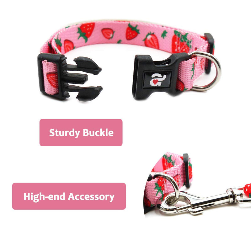 [Australia] - azuza Dog Collar and Leash Set, Cute Fruit Patterns, Adjustable Nylon Collar with Matching Leash for Small Medium and Large Dogs S (Neck: 11"-16") Strawberry 