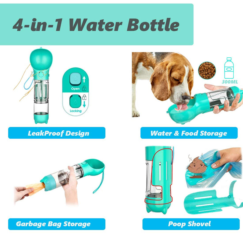 Browfin 4 in 1 Dog Water Bottle, Pet Portable Water Bottle with 300ML Water Tank, Dog Food Storage, Poop Shovel & Garbage Bag, Leak Proof Button Design, Lightweight & Portable for Travel, Camping - PawsPlanet Australia