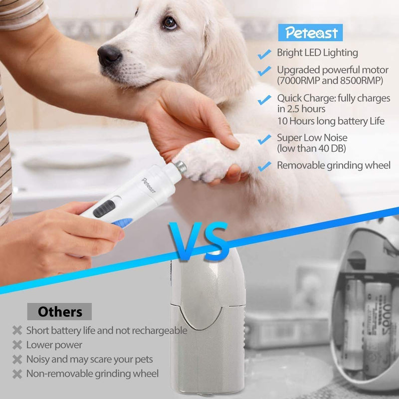 Peteast Electric Pet Nail File, 2200mA lithium battery Professional Pet Nail Clippers with LED Light, 2 Speeds Quick Charging Electric Rechargeable Trimmer for Small Medium Large Dogs Cats Blue - PawsPlanet Australia