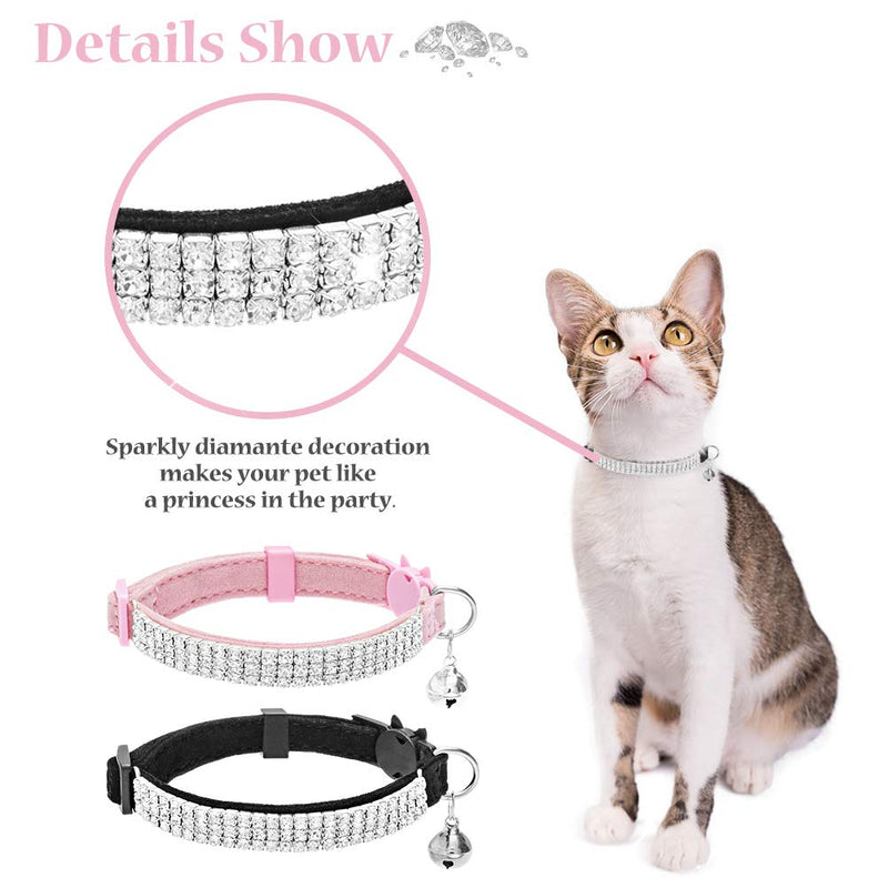 EXPAWLORER Cat Collar Breakaway with Bells - 2 Pack Rhinestones Bling Diamante Collars - Soft Velvet Safe Adjustable Shing Collar for Cats Kitty Girls and Small Dogs Black + Pink - PawsPlanet Australia