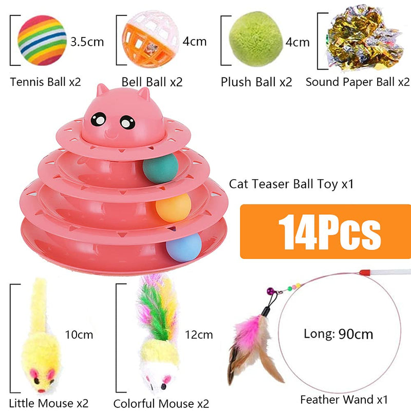 14 Pack Cat Toys for Indoor Cats Toy Roller Tracks Cat Feather Wand Toy Interactive Cat Ball Toys for Kitten Pink - PawsPlanet Australia