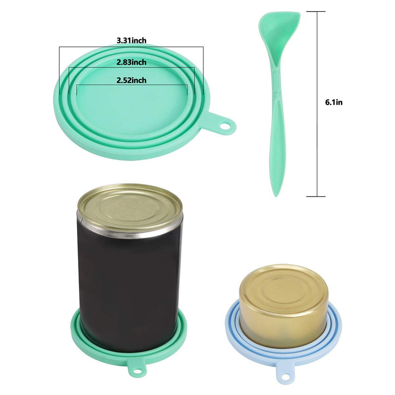 [Australia] - SLSON 2 Pack Pet Food Can Cover Universal Silicone Cat Dog Food Can Lids 1 Fit 3 Standard Size Can Tops with 2 Spoons,Light Blue and Green 