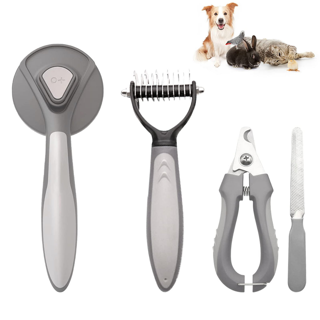 Dog Brush for Shedding 4 Pieces Dog Grooming Kit Double-Sided Undercoat Rake for Dogs Cat Brush Nail Clipper & File Dematting Pet Grooming Kit for Dogs Cat Rabbit (Grey) Grey - PawsPlanet Australia