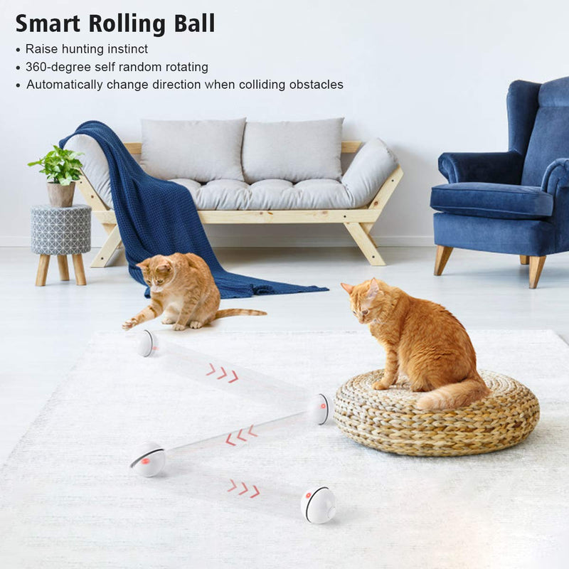 WWVVPET Interactive Cat Toys Ball with LED Light,360 Degree Self Rotating Ball,USB Rechargeable Cat Ball Toy,Stimulate Hunting Instinct Kitten Funny Chaser Roller Pet Toy - White Pearl White - PawsPlanet Australia