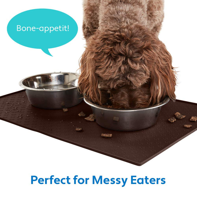 MIGHTY MONKEY Premium Silicone Pet Feeding Mat, Waterproof Pets Placemat, Raised Edges, Paw Print Patterned Food Tray Mats, Dishwasher Safe, Prevent Food and Water Bowl Spills on Floor 24x16 Inch (Pack of 1) Brown - PawsPlanet Australia