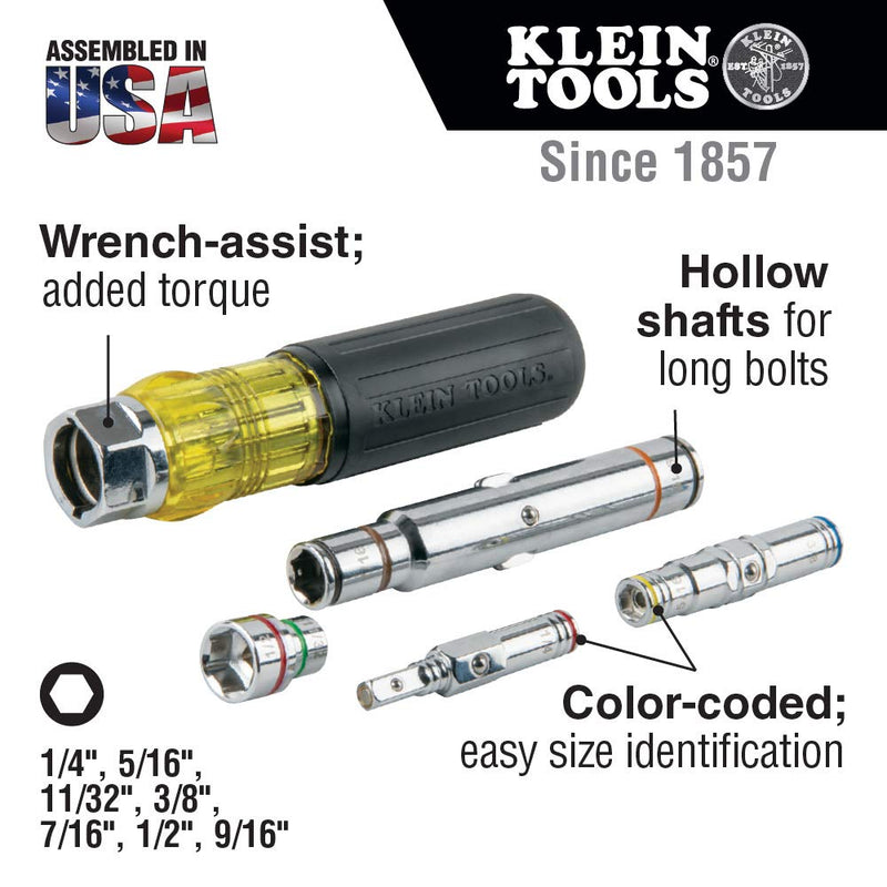 Klein Tools 32807MAG 7-in-1 Nut Driver, Magnetic Driver with SAE Hex Nut Sizes and Spring Coil Bits, Heavy-Duty Handle for Added Torque , Black - PawsPlanet Australia