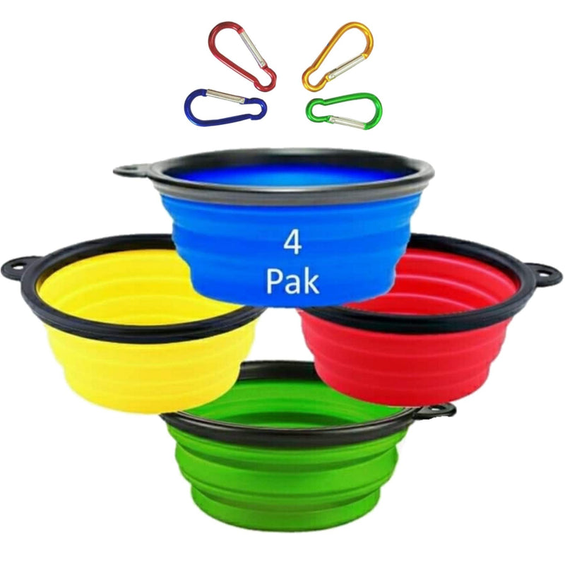Collapsible Dog Bowls with Color Matched Carabiner Clips - Dishwasher Safe BPA Free Food Grade Silicone Portable Pet Bowls - Perfect Foldable Travel Bowls for Journeys, Hiking, Kennels & Camping Set of 4 - PawsPlanet Australia