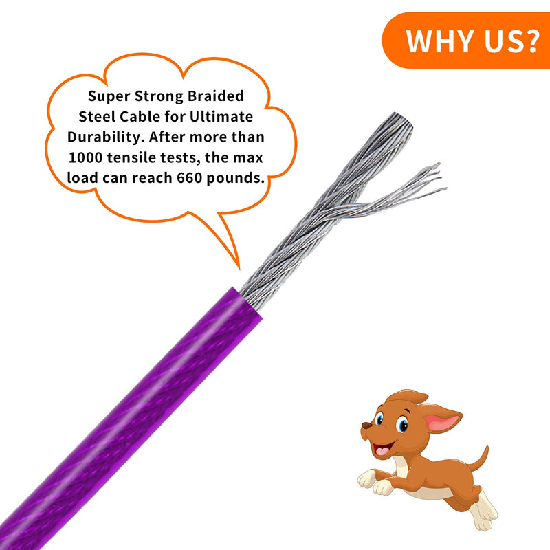 Dog Tie Out Cable,10ft Galvanized Steel Wire Pet Leash with PVC Coating for Pets Up to 100lbs,Dog Lead Line for Yard/Camping/Hiking/Running/Parks Noble purple - PawsPlanet Australia