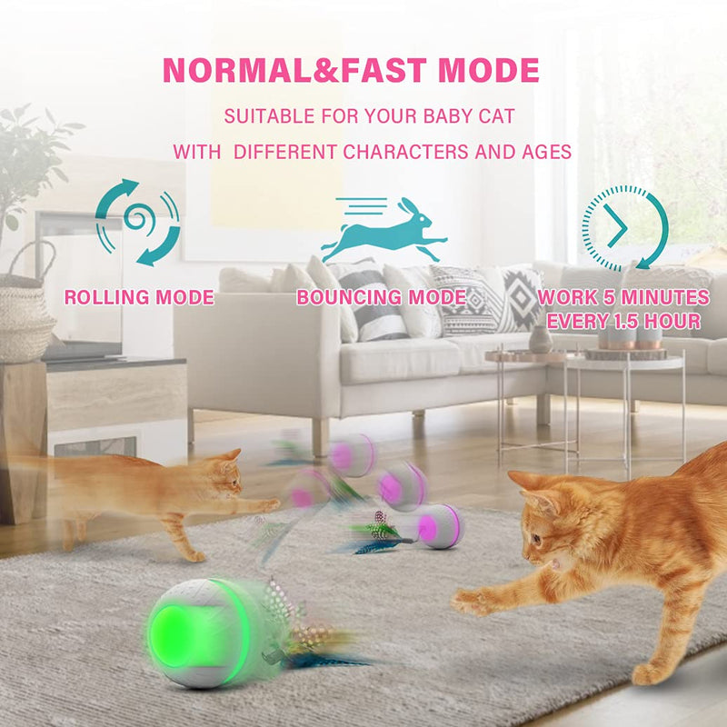 CooWay Interactive Robotic Cat Toys Ball for Indoor Cats 360 Degree Automatic Steering USB Rechargeable Multiple LED Lights Rubber Shell Low Noise with Feather/Bells Exercise Cat Toys for Cats Ball with Feather - PawsPlanet Australia