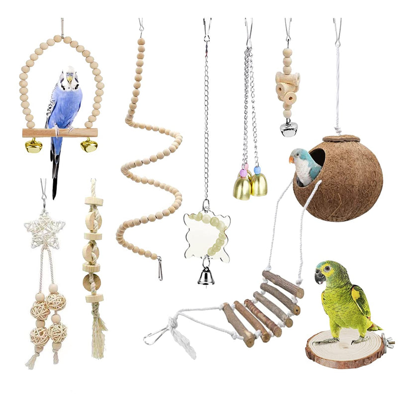 TOLMIOW 9 Pieces Parrots Chewing Natural Wood and Rope Bungee Bird Toy for Anchovies, Coconut Hideaway with Ladder ,Bird Perch Stand, Bird Cage Accessories, Parakeets, Cockatiel, Conure, Mynah, Macow - PawsPlanet Australia