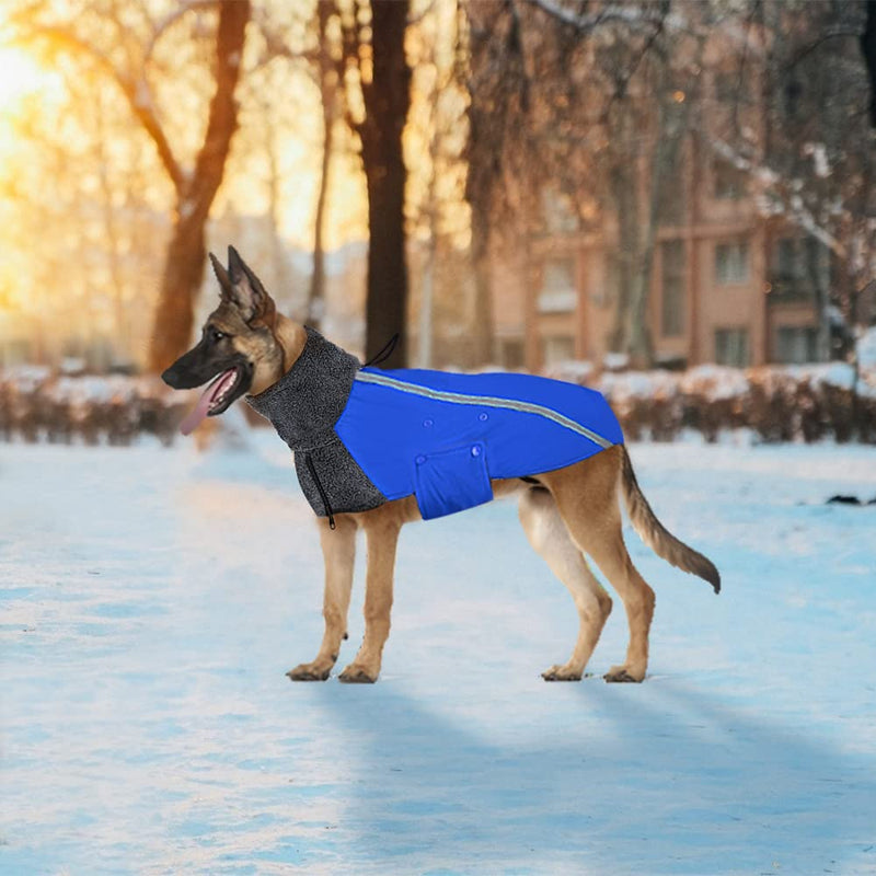 SlowTon Winter Dog Coat, Warm Polar Fleece Lining Doggie Outdoor Jacket with Turtleneck Scarf Reflective Stripe Adjustable Waterproof Windproof Puppy Vest Soft Pet Outfits Blue Large (Chest 24.8"-28.7") - PawsPlanet Australia