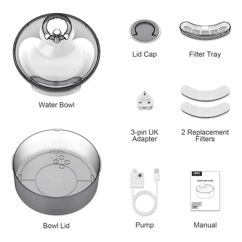 NPET 5L Pet Fountain for Dog Cat Households, Automatic Drinking Fountain for Adult Cats and dogs, Water Fountain large with 2 Filters, Quiet Pump, Cleaning Kit, Bowl, Grey - PawsPlanet Australia