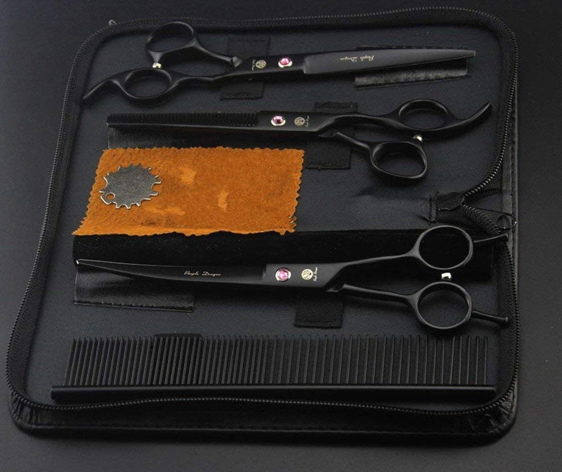 Purple Dragon 7.0 inch Rhinestone Decoration 3PCS Pet Grooming Scissors Dog Hair Cutting & Thinning Shears Set Black Painting - PawsPlanet Australia